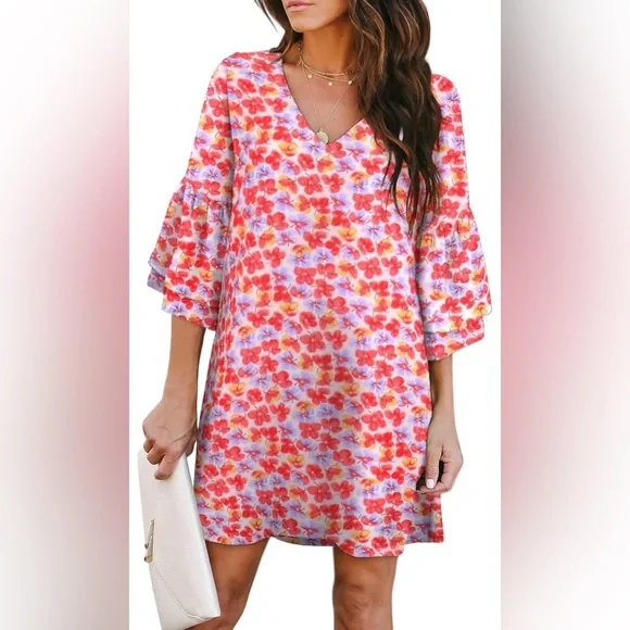 NWT Women's Summer V-neck boho bell sleeve Dress - Picture 1 of 7